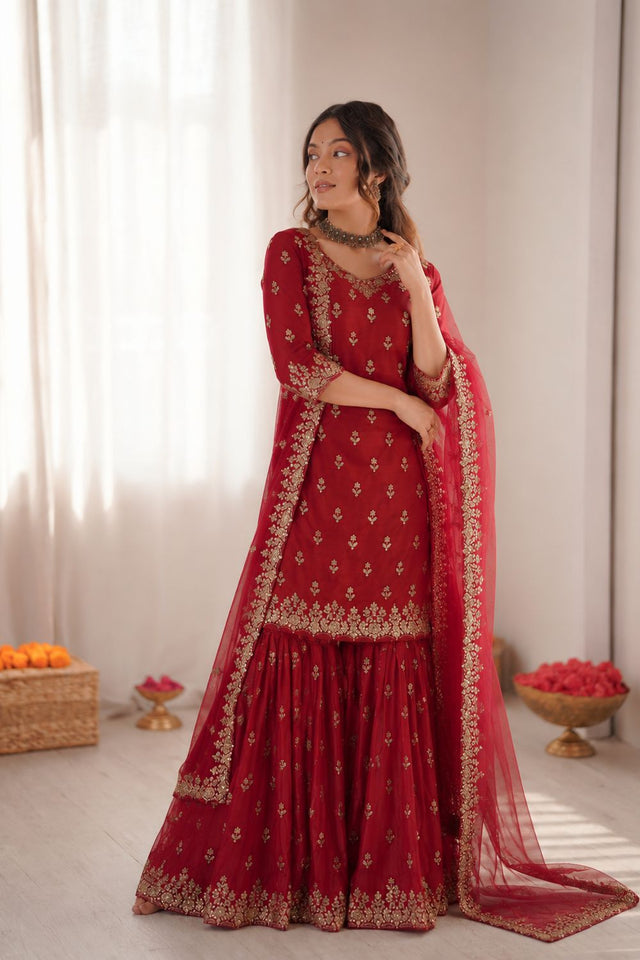 Maroon Floral Embroidered Art Silk Sharara Suit (RT-5904)