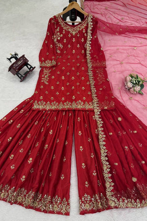 Maroon Floral Embroidered Art Silk Sharara Suit (RT-5904)
