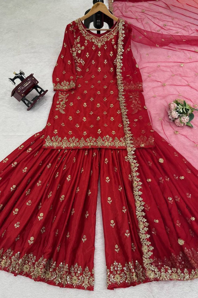 Maroon Floral Embroidered Art Silk Sharara Suit (RT-5904)