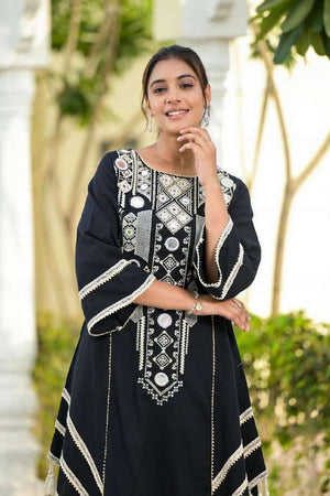 Black Embroidered Rayon Palazzo Suit Set