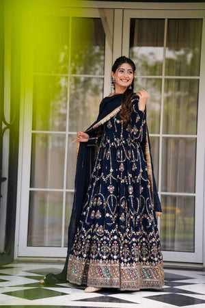 Blue Sequin with Embroidered Georgette Gown (RT-5917-blue)
