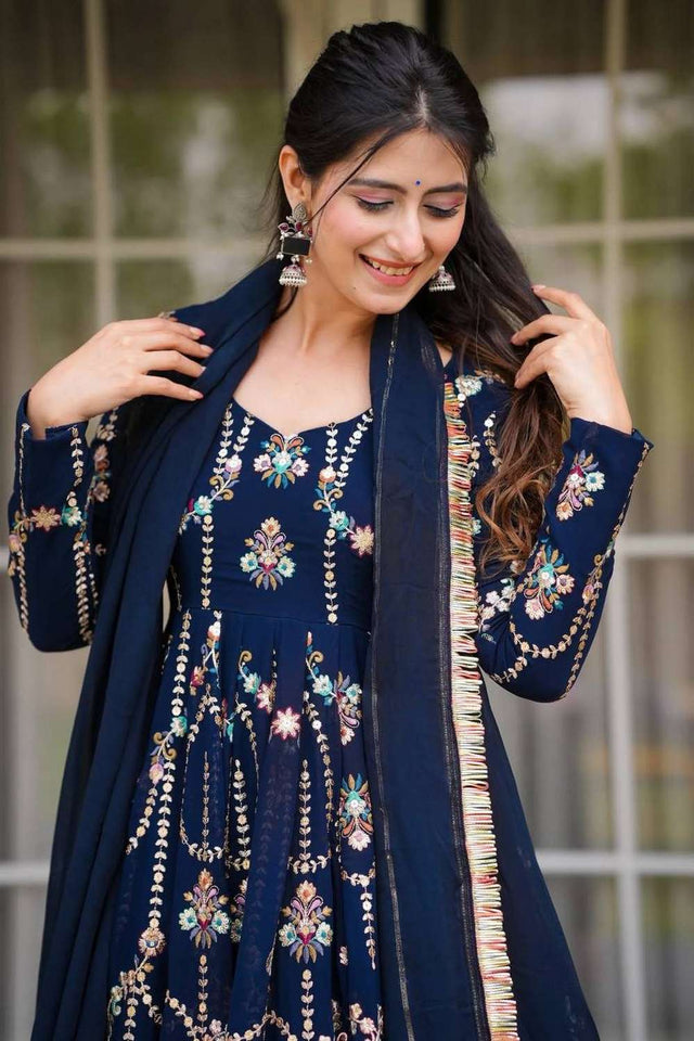 Blue Sequin with Embroidered Georgette Gown (RT-5917-blue)
