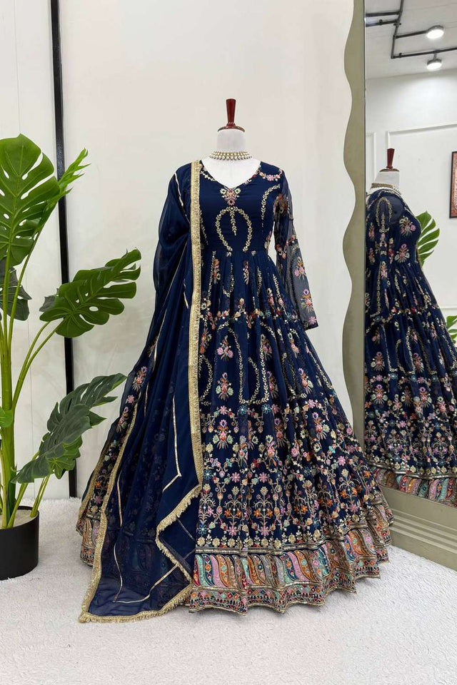 Blue Sequin with Embroidered Georgette Gown (RT-5917-blue)