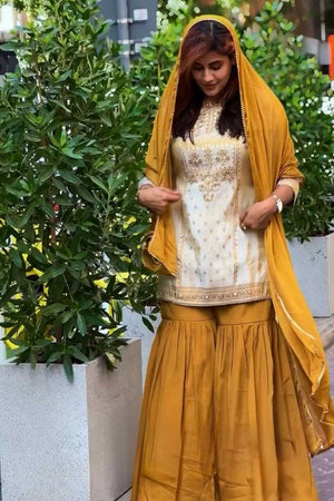 Off White Sequin with Embroidered Crepe Sharara Suit Set