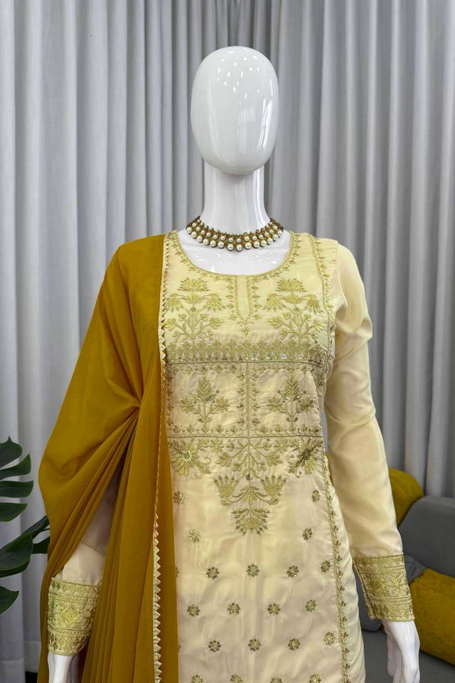 Off White Sequin with Embroidered Crepe Sharara Suit Set