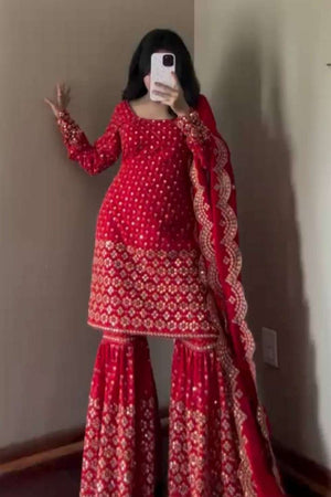 Red Sequin Georgette Sharara Suit Set