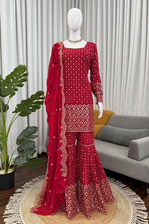 Red Sequin Georgette Sharara Suit Set
