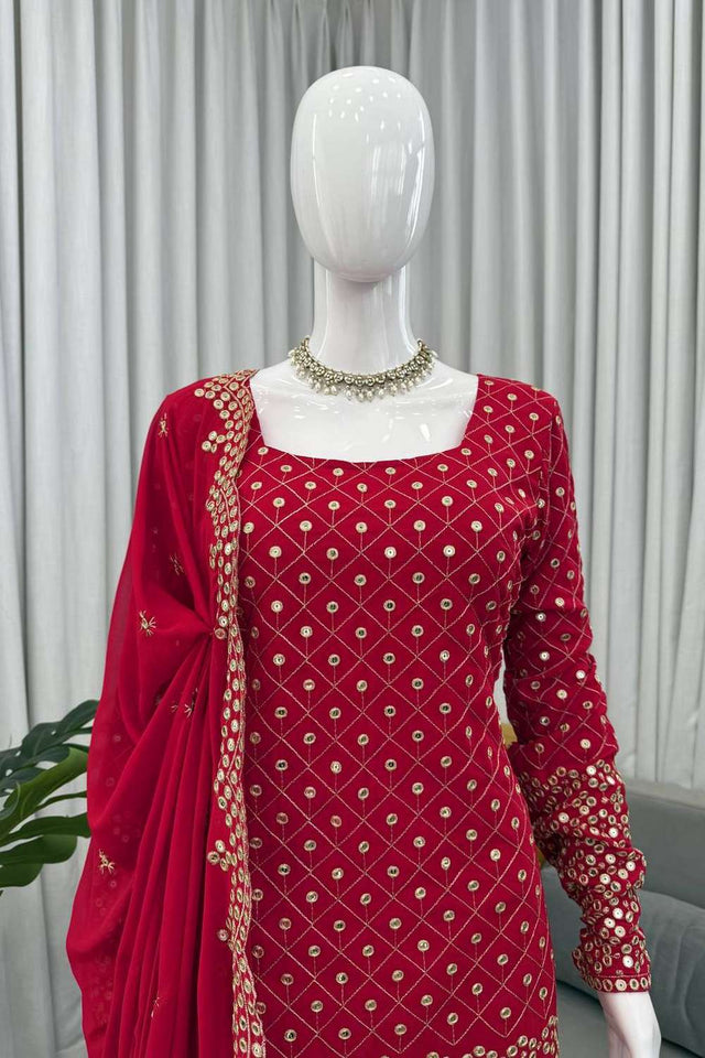 Red Sequin Georgette Sharara Suit Set