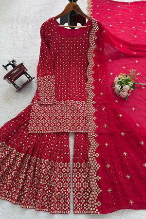 Red Sequin Georgette Sharara Suit Set