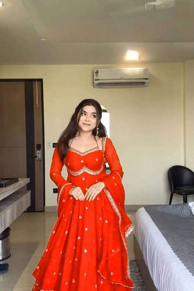 Red Sequin Georgette Kurti Pant Set