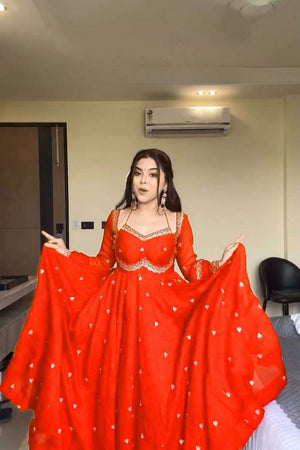 Red Sequin Georgette Kurti Pant Set