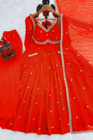 Red Sequin Georgette Kurti Pant Set