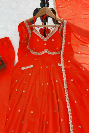 Red Sequin Georgette Kurti Pant Set