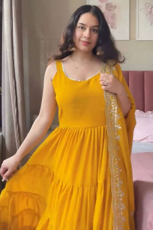 Yellow Lace Work Georgette Gown