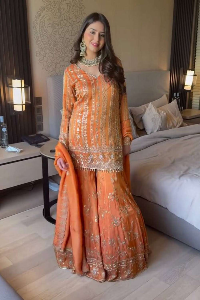Orange Sequin Georgette Sharara Suit Set