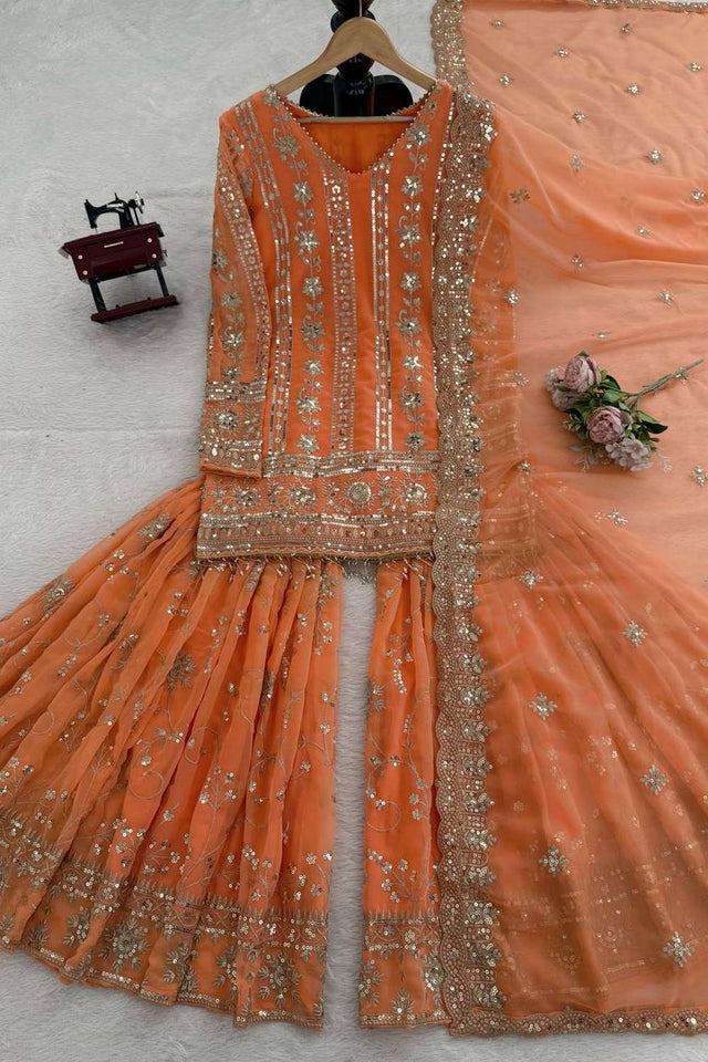 Orange Sequin Georgette Sharara Suit Set