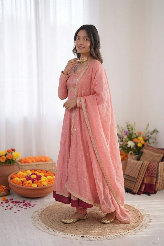 Peach Embroidered Art Silk Anarkali Suit (RT-5936-peach)