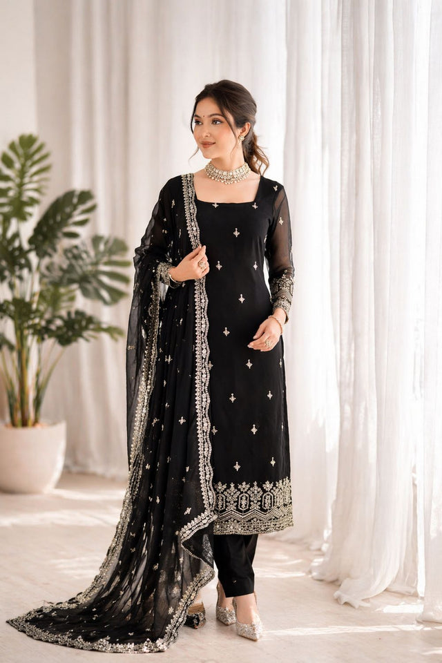 Black Floral Embroidered Georgette Straight Cut Suit (RT-5947-black)