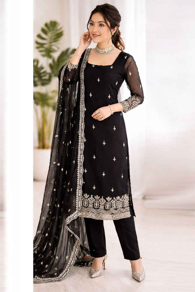 Black Floral Embroidered Georgette Straight Cut Suit (RT-5947-black)