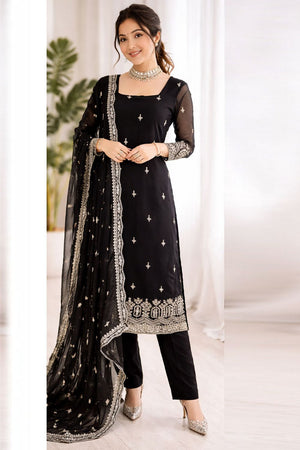 Black Floral Embroidered Georgette Straight Cut Suit (RT-5947-black)