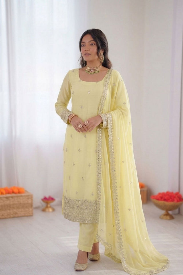 Cream Floral Embroidered Georgette Straight Cut Suit (RT-5947-cream)