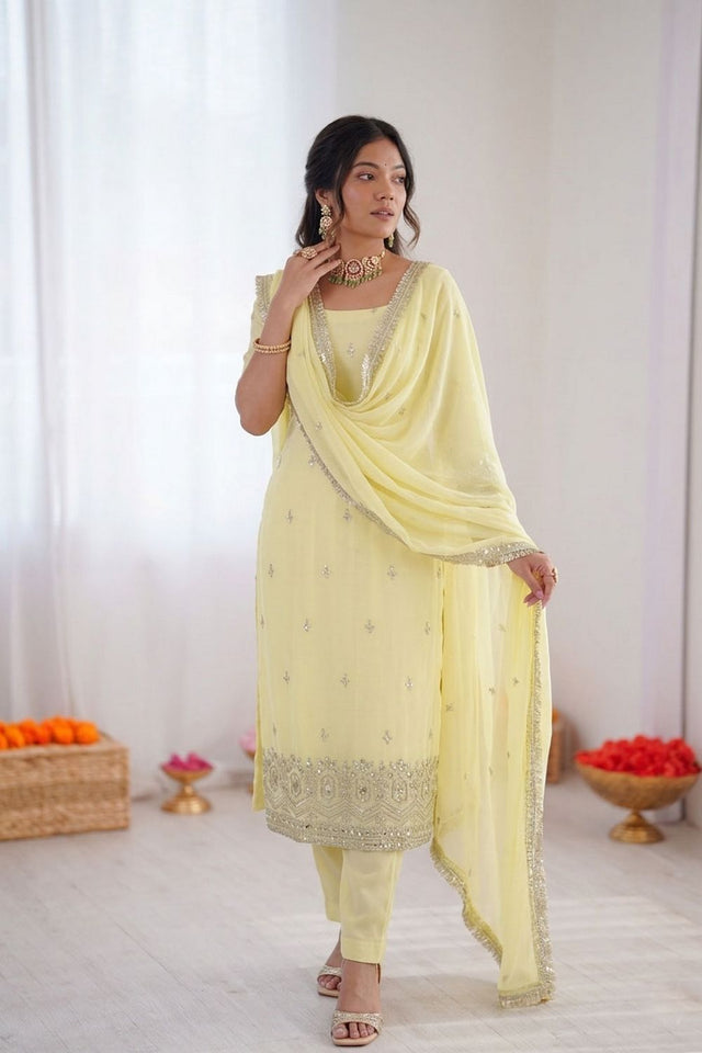 Cream Floral Embroidered Georgette Straight Cut Suit (RT-5947-cream)