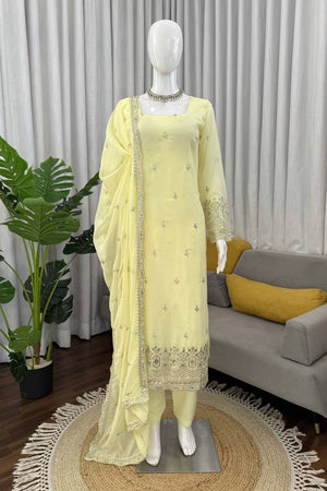 Cream Floral Embroidered Georgette Straight Cut Suit (RT-5947-cream)