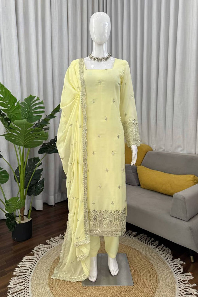 Cream Floral Embroidered Georgette Straight Cut Suit (RT-5947-cream)