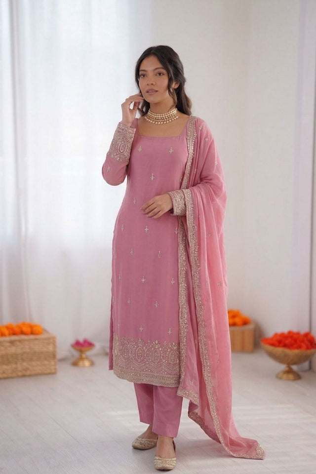 Pink Floral Embroidered Georgette Straight Cut Suit (RT-5947-pink)