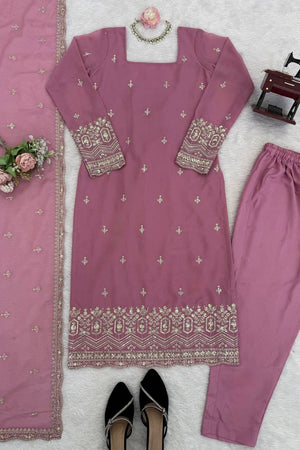 Pink Floral Embroidered Georgette Straight Cut Suit (RT-5947-pink)
