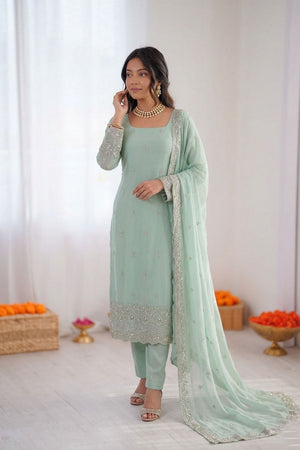 Sea Green Floral Embroidered Georgette Straight Cut Suit (RT-5947-sea green)