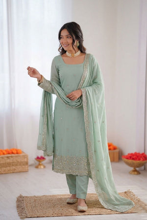 Sea Green Floral Embroidered Georgette Straight Cut Suit (RT-5947-sea green)