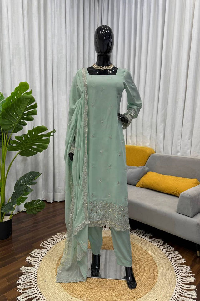 Sea Green Floral Embroidered Georgette Straight Cut Suit (RT-5947-sea green)