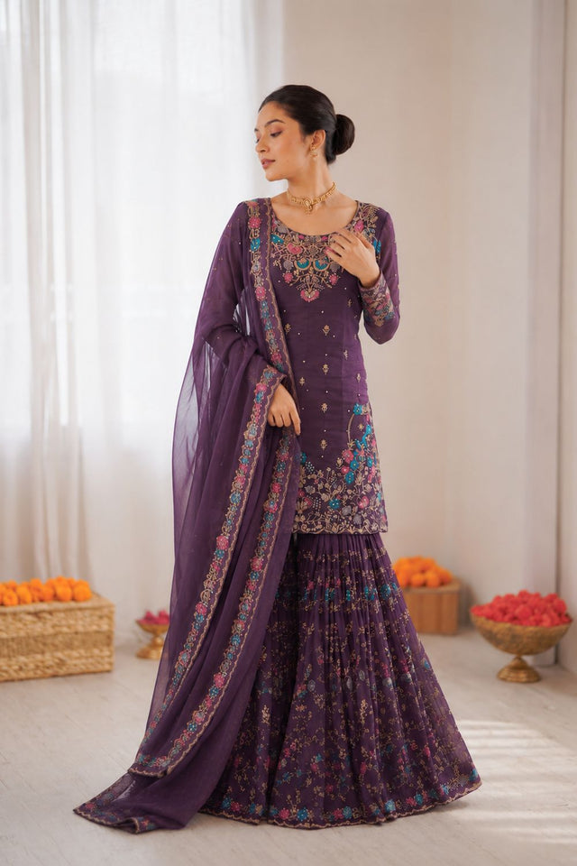 Violet Floral Embroidered Art Silk Sharara Suit (RT-5956-deep purple)