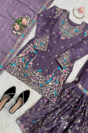 Violet Floral Embroidered Art Silk Sharara Suit (RT-5956-deep purple)