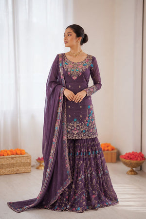 Violet Floral Embroidered Art Silk Sharara Suit (RT-5956-deep purple)