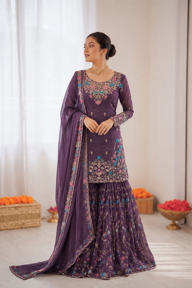 Violet Floral Embroidered Art Silk Sharara Suit (RT-5956-deep purple)