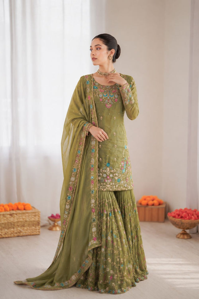 Mehendi Floral Embroidered Art Silk Sharara Suit (RT-5956-mahendi)