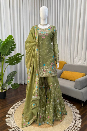 Mehendi Floral Embroidered Art Silk Sharara Suit (RT-5956-mahendi)