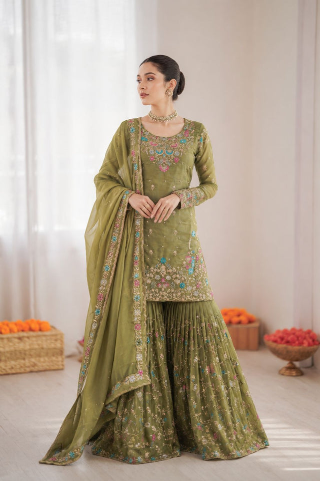Mehendi Floral Embroidered Art Silk Sharara Suit (RT-5956-mahendi)
