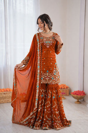 Orange Floral Embroidered Art Silk Sharara Suit (RT-5956-orange)