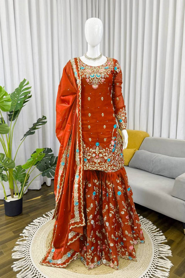Orange Floral Embroidered Art Silk Sharara Suit (RT-5956-orange)