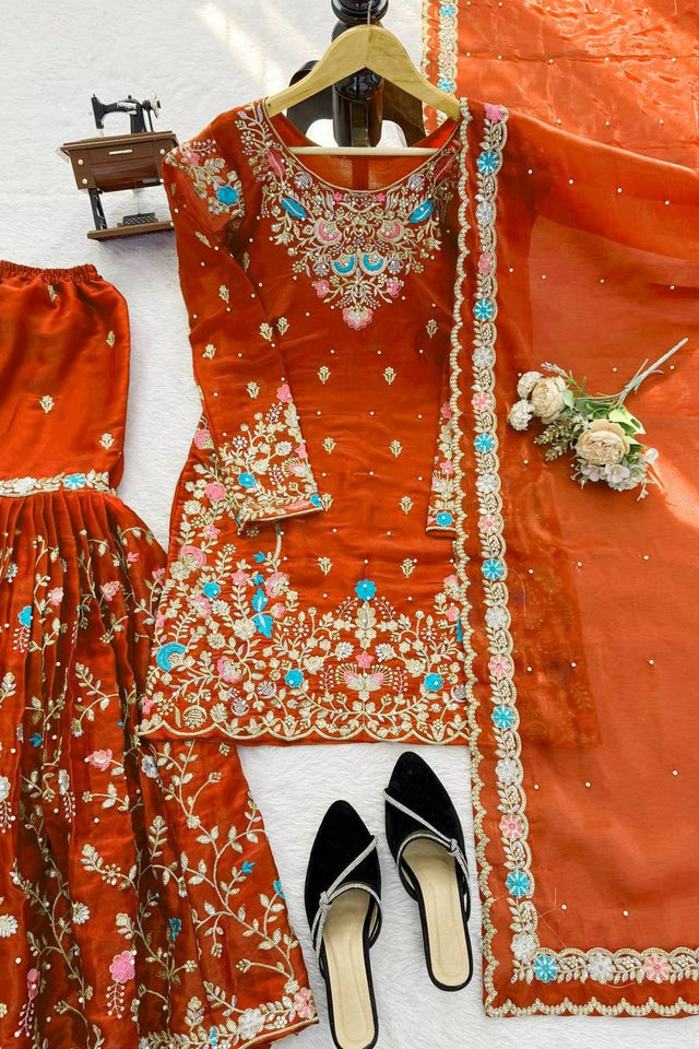 Orange Floral Embroidered Art Silk Sharara Suit (RT-5956-orange)