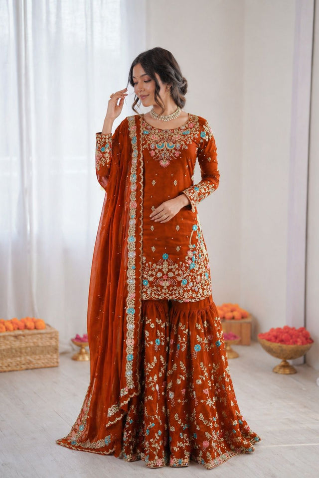 Orange Floral Embroidered Art Silk Sharara Suit (RT-5956-orange)