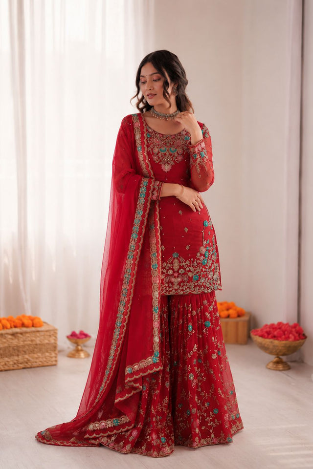 Red Floral Embroidered Art Silk Sharara Suit (RT-5956-red)