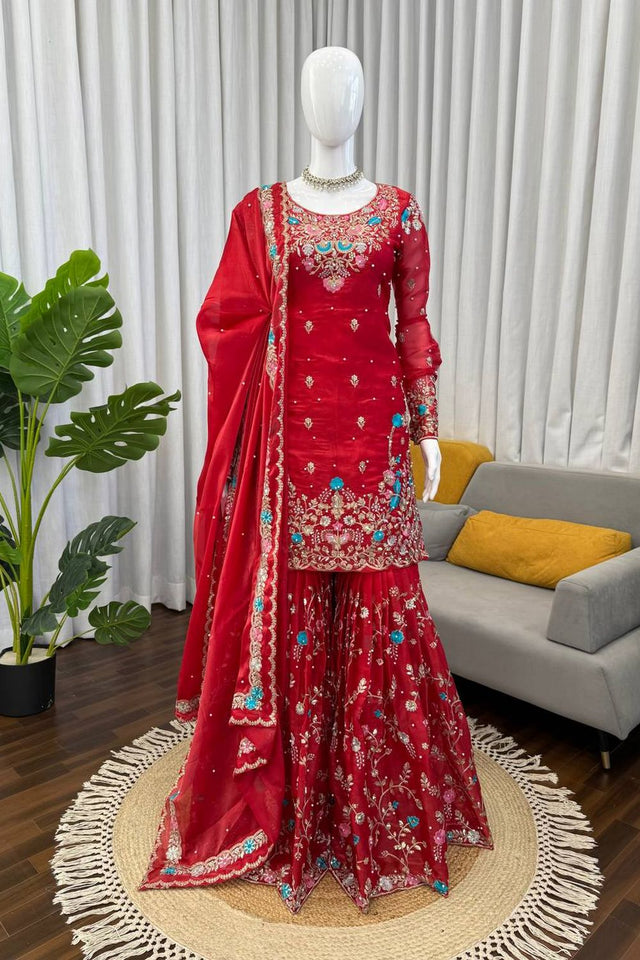 Red Floral Embroidered Art Silk Sharara Suit (RT-5956-red)