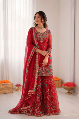 Red Floral Embroidered Art Silk Sharara Suit (RT-5956-red)
