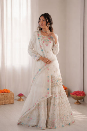 Off White Floral Embroidered Art Silk Sharara Suit (RT-5956-white)