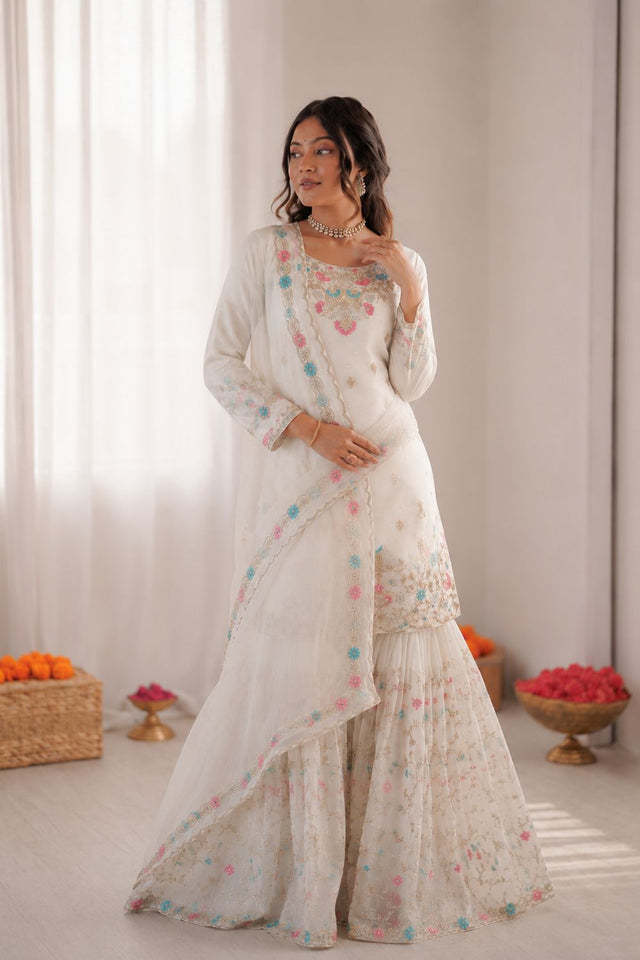 Off White Floral Embroidered Art Silk Sharara Suit (RT-5956-white)