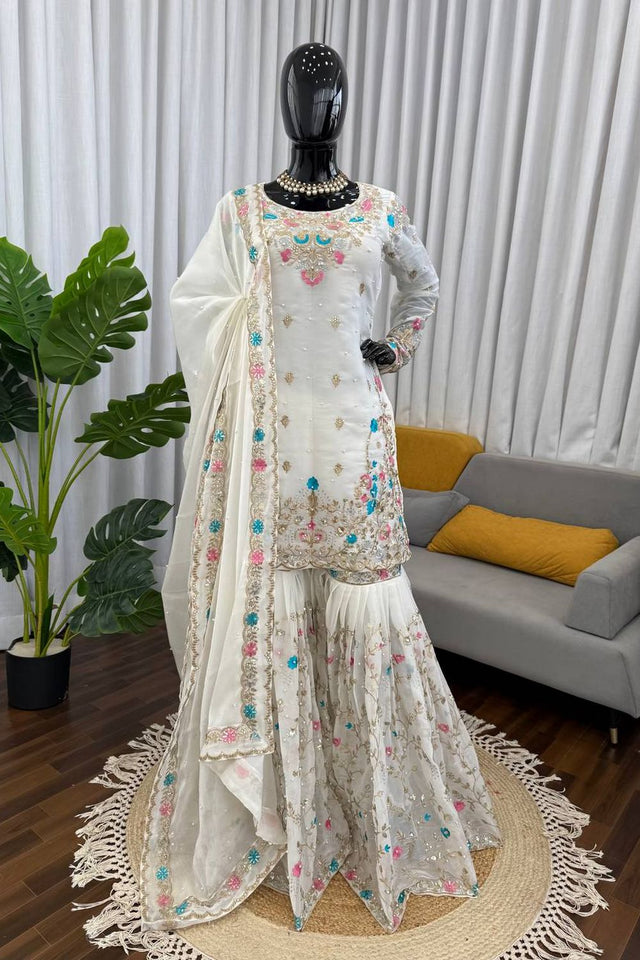 Off White Floral Embroidered Art Silk Sharara Suit (RT-5956-white)